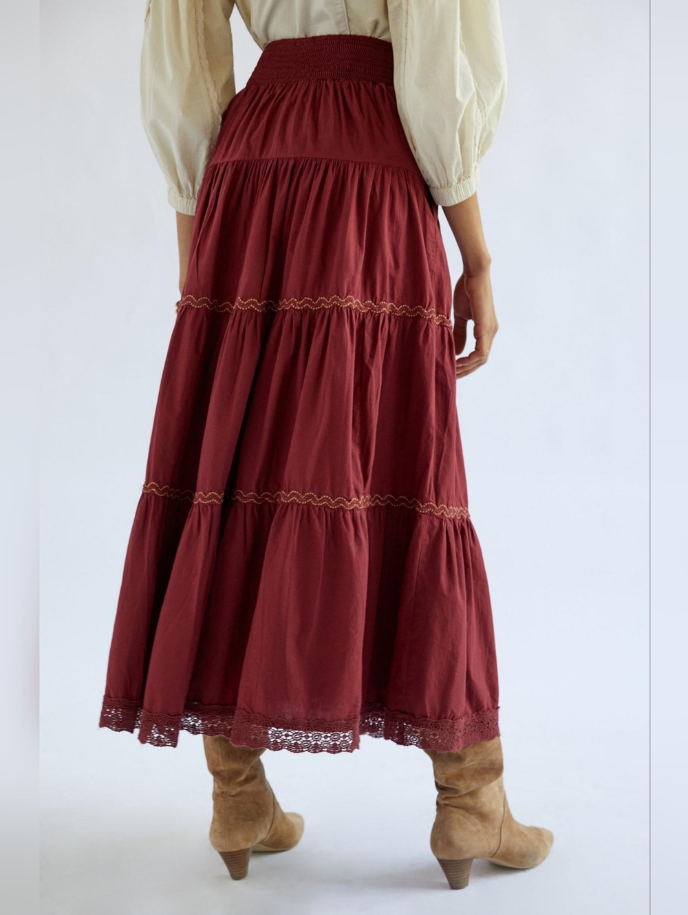 NWT Anthropologie Tiered Lace Maxi in Maroon Red Cotton Pull-on Skirt 1X - Picture 4 of 11